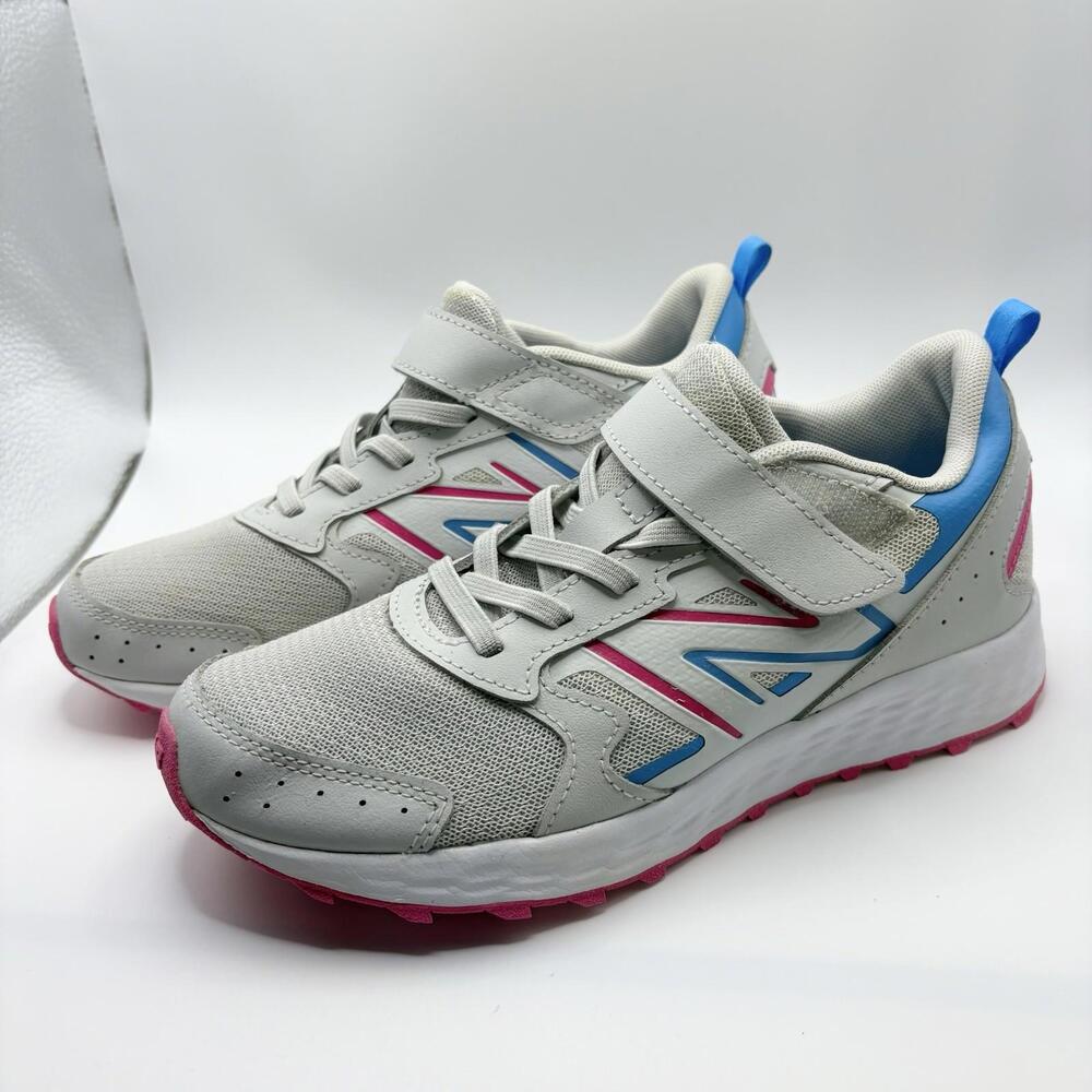New Balance Sneaker Shoe Girl's Bungee Lace w/ Top Strap White/Pnk/Blu Size 4